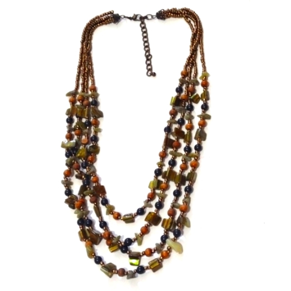 VINTAGE MULTI-COLORED MULTI-STRAND SHELL & STONE CHIPS BEADED 19-22" NECKLACE